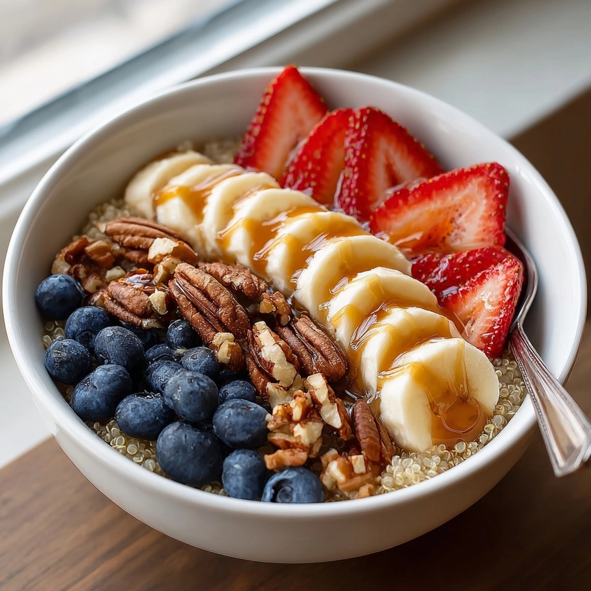 Warm, comforting Vanilla Maple Quinoa Breakfast Bowl ready to eat on a cozy morning.