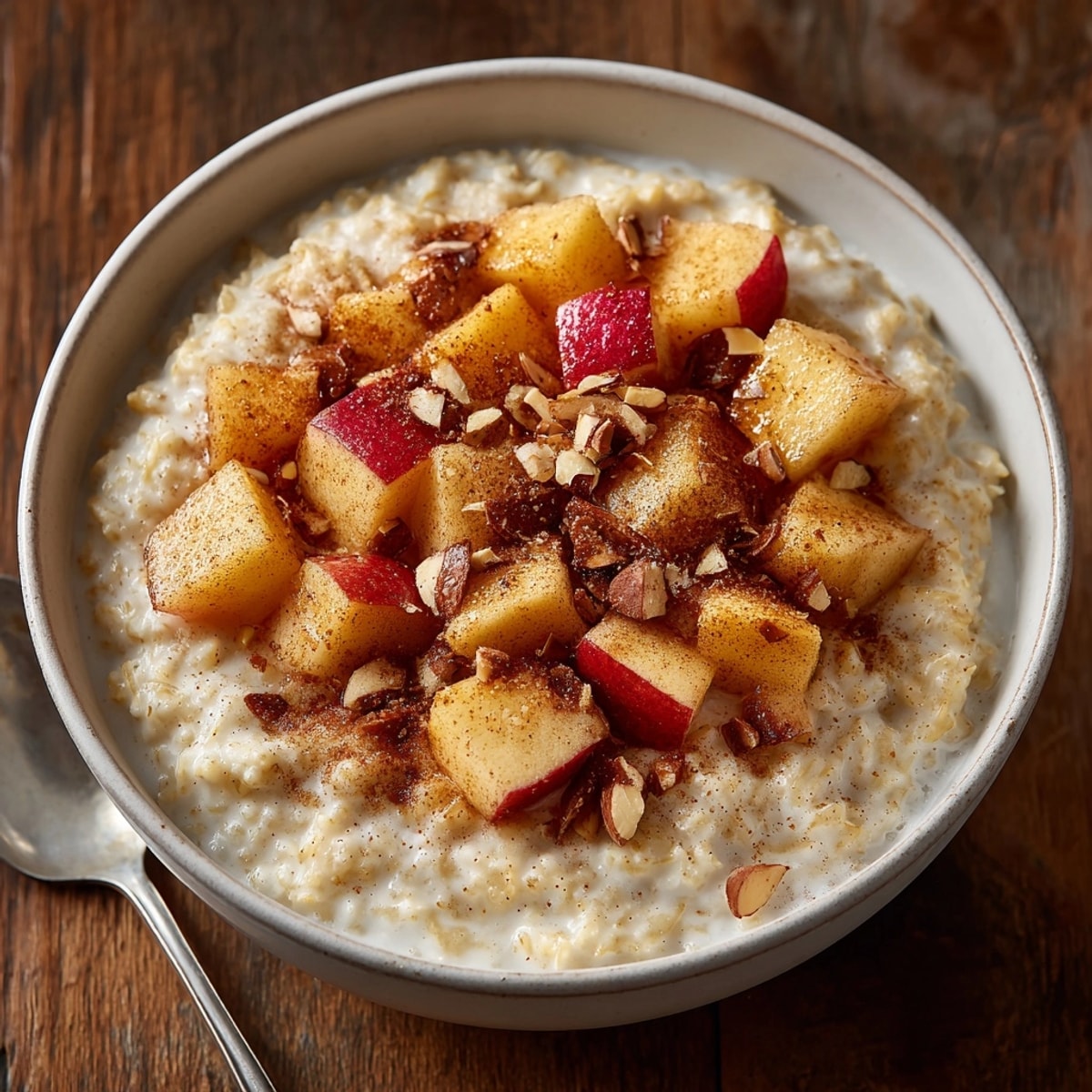 Fluffy Warm Apple Cinnamon Oatmeal with Almonds, morning comfort in a cozy bowl.
