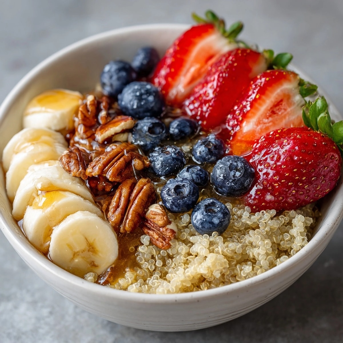 Creamy vanilla maple quinoa breakfast bowl, topped with pecans and fresh berries.