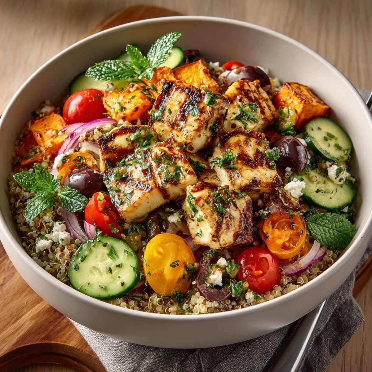 Lemon Herb Mediterranean Grain Bowl: Fluffy grains tossed with bright lemon, fresh herbs, and colorful veggies.