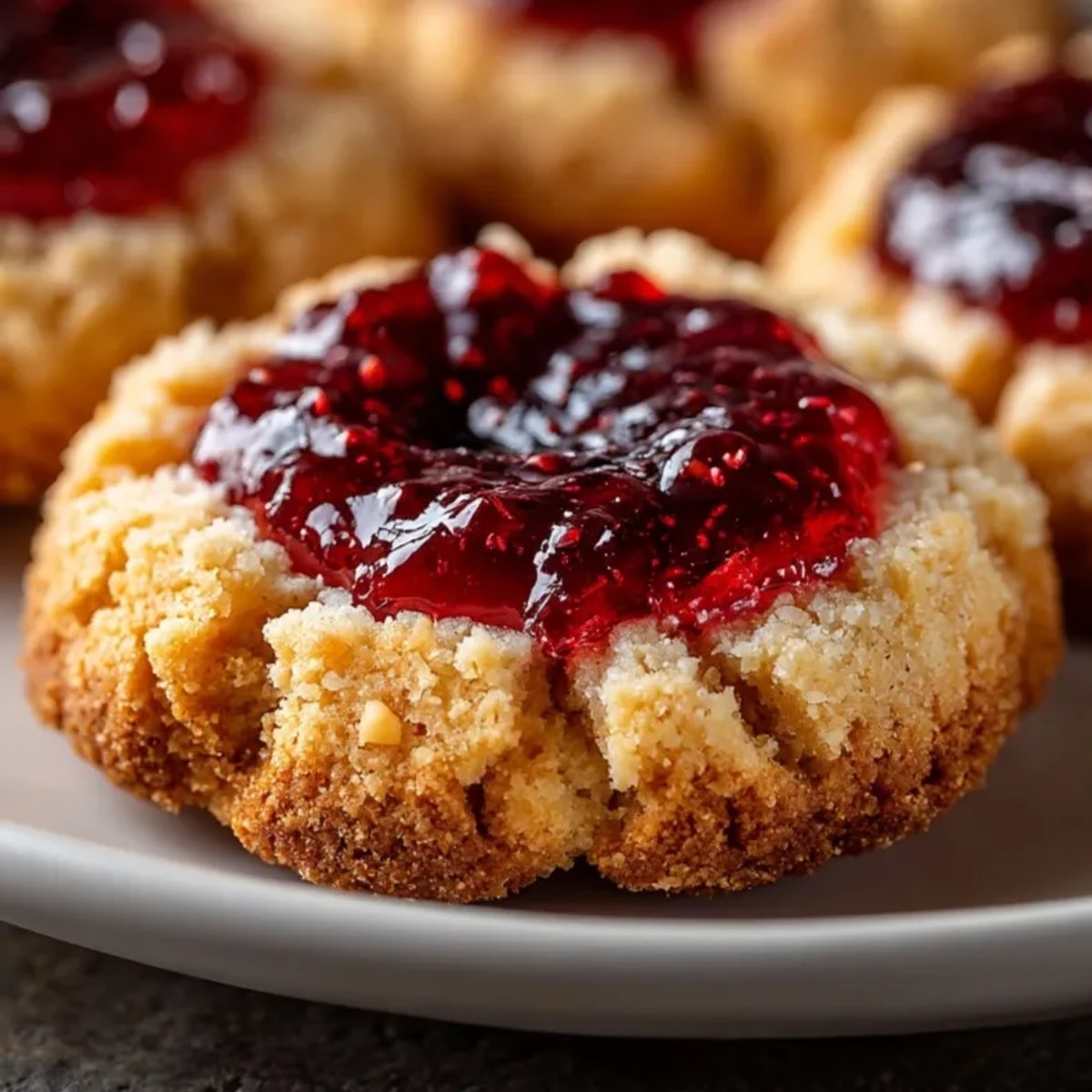 Golden Raspberry Almond Thumbprint Cookies, fresh-baked aroma, delicate almond flour, ready to enjoy.
