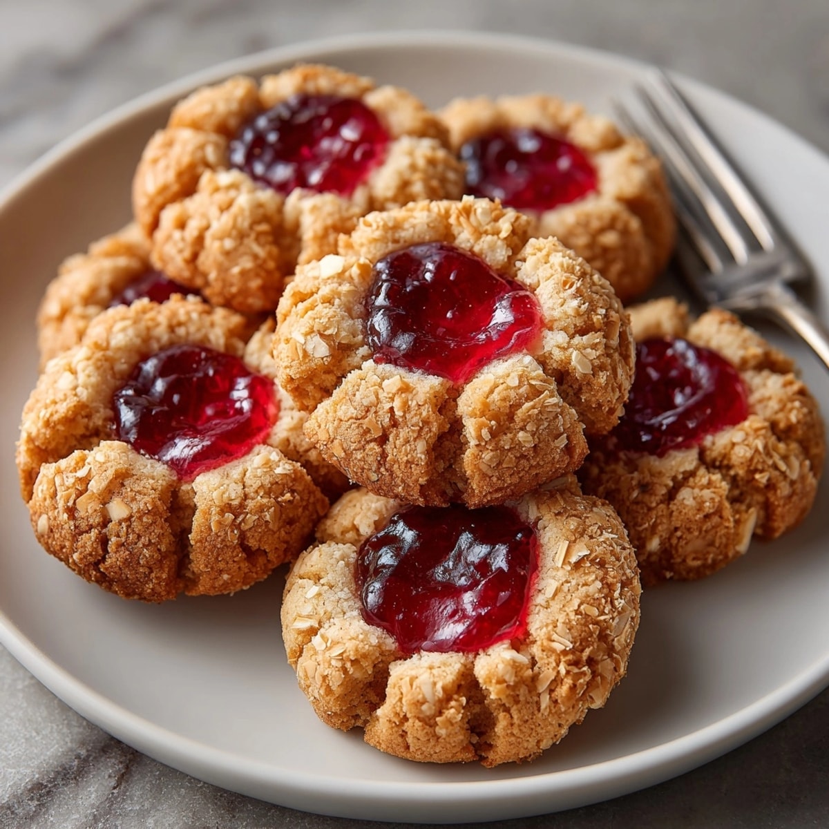 Homemade Raspberry Almond Thumbprint Cookies: Flaky, buttery texture, sweet-tart raspberry filling glistening prettily.