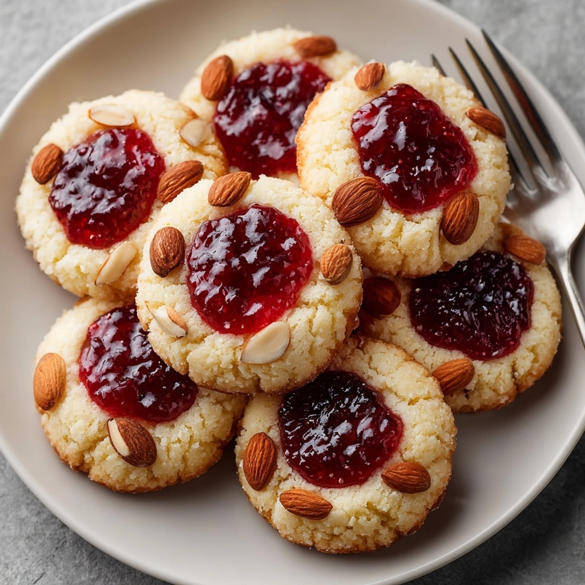 Close-up of Raspberry Almond Thumbprint Cookies, sprinkled almonds, a perfect holiday baking treat.
