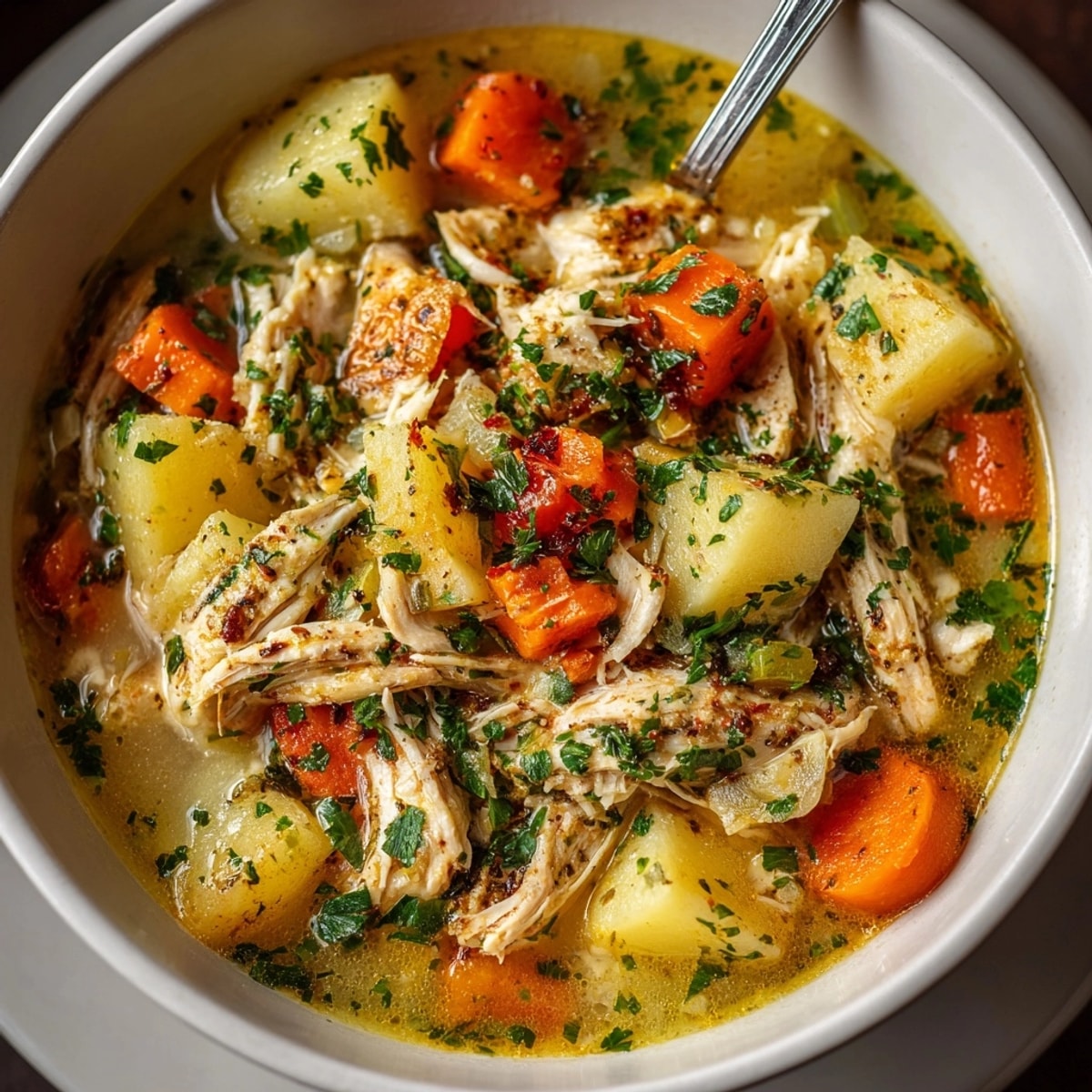 Close up of steaming Hearty Chicken & Vegetable Soup, perfect for a cold day.