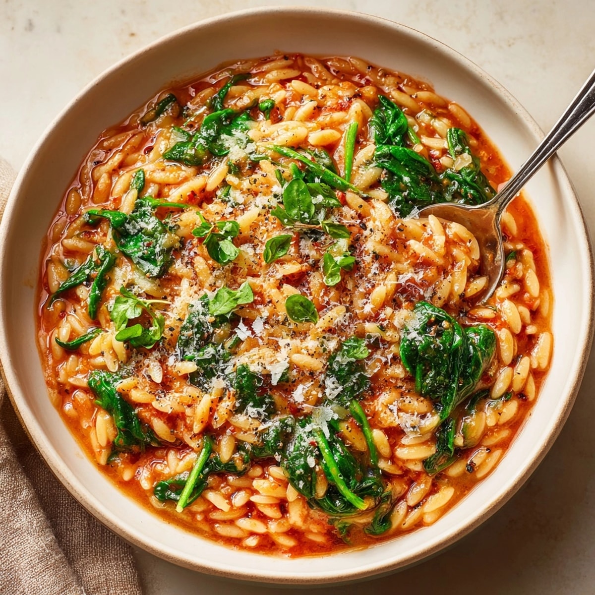 Creamy Tomato and Spinach Orzo: a vibrant, cheesy pasta ready in under 30 minutes.