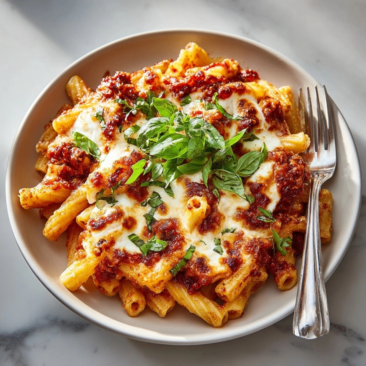 Golden, bubbly baked ziti recipe: Rich tomato sauce coats tender pasta with fresh basil.