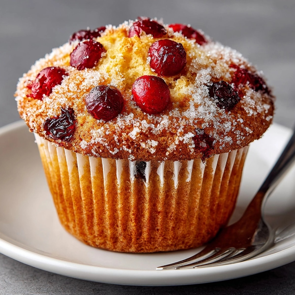 Warm, moist Cranberry Orange Muffins, topped with sparkling sugar, ready for a brunch buffet.
