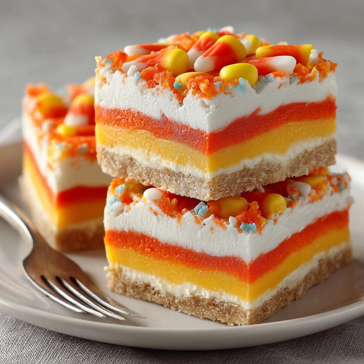 Top-down view of creamy Candy Corn Fudge Swirl, cooled and awaiting eager hands.