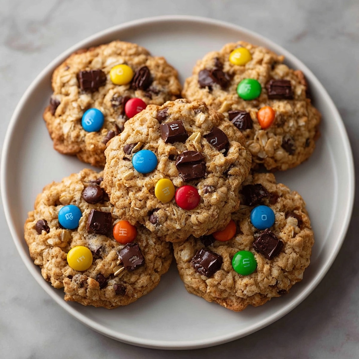 Close-up of a soft, freshly baked gluten-free monster cookie showcasing colorful bits.