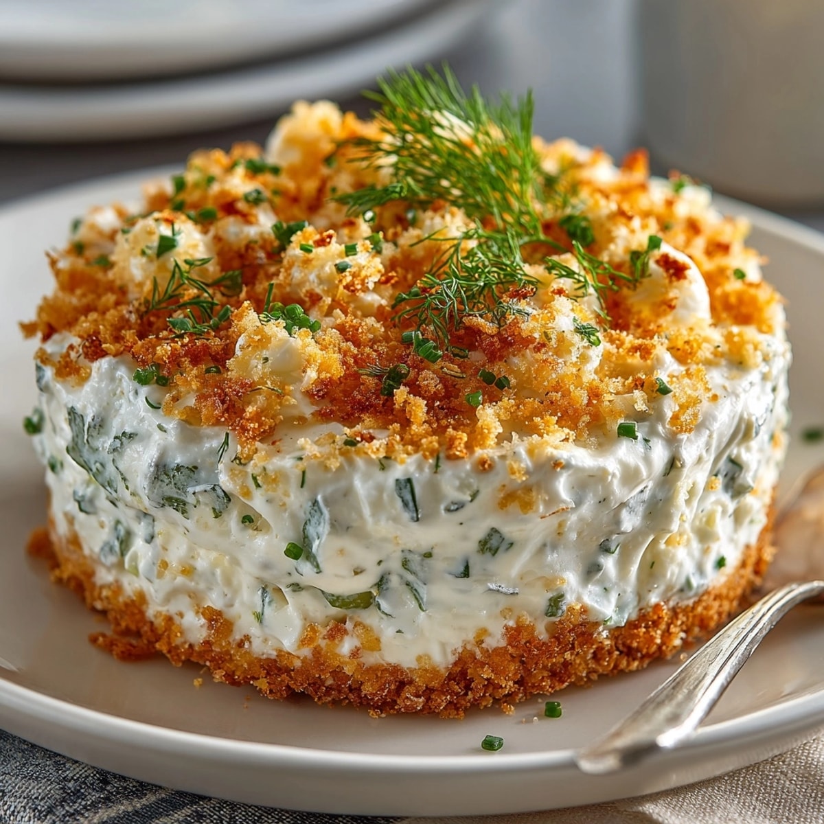 Scoop of tangy Fried Pickle Dip showing pickle bits beside crispy kettle chips.