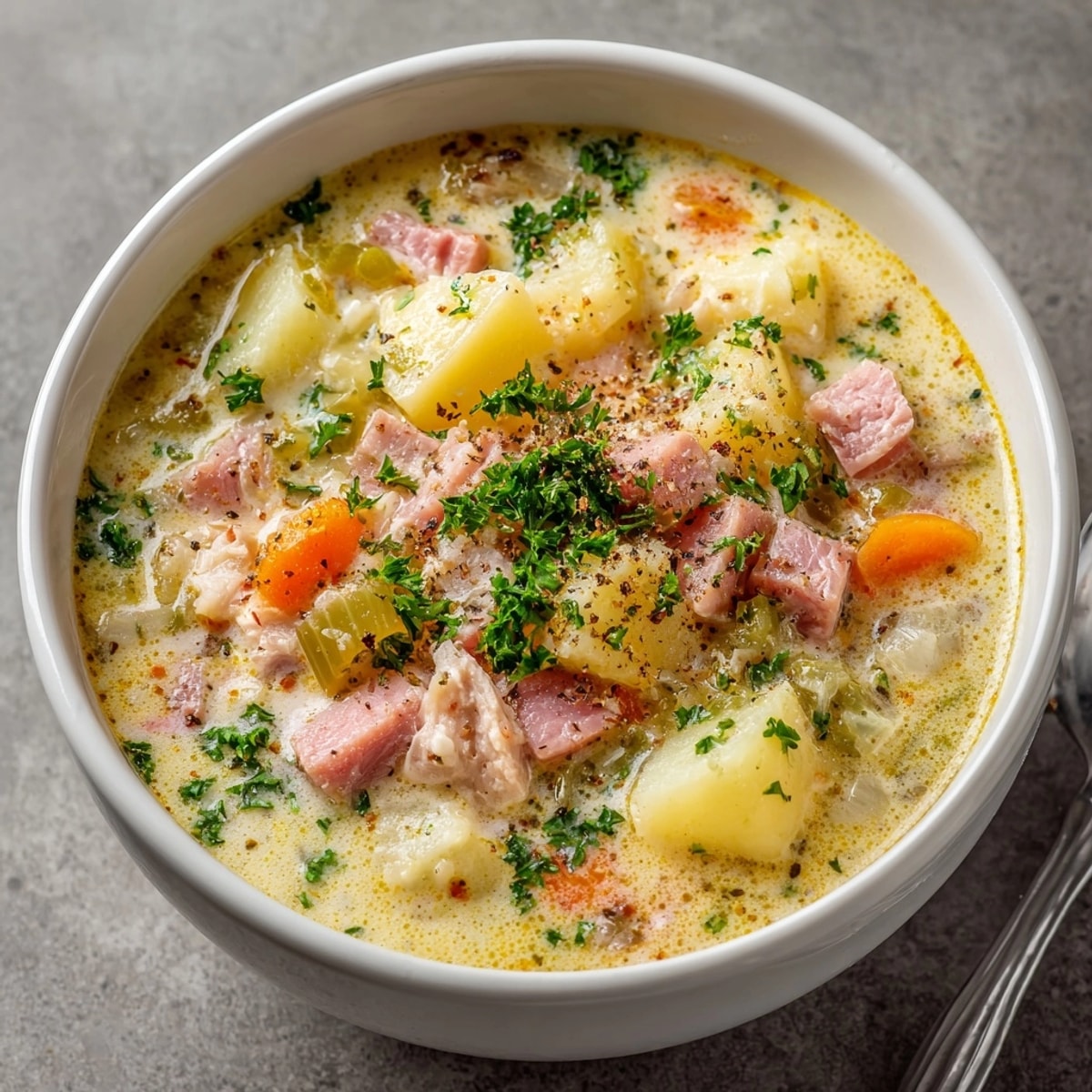 Creamy Ham & Potato Soup: Golden potatoes, pink ham, and a rich broth simmering.