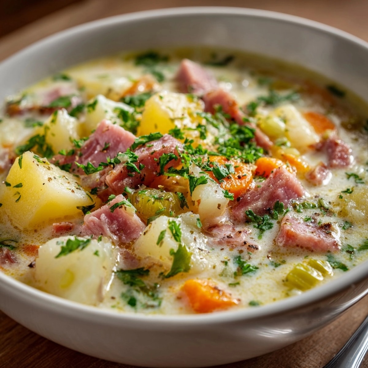 Warm bowl of Ham & Potato Soup, garnished with fresh parsley, steaming comfort food.