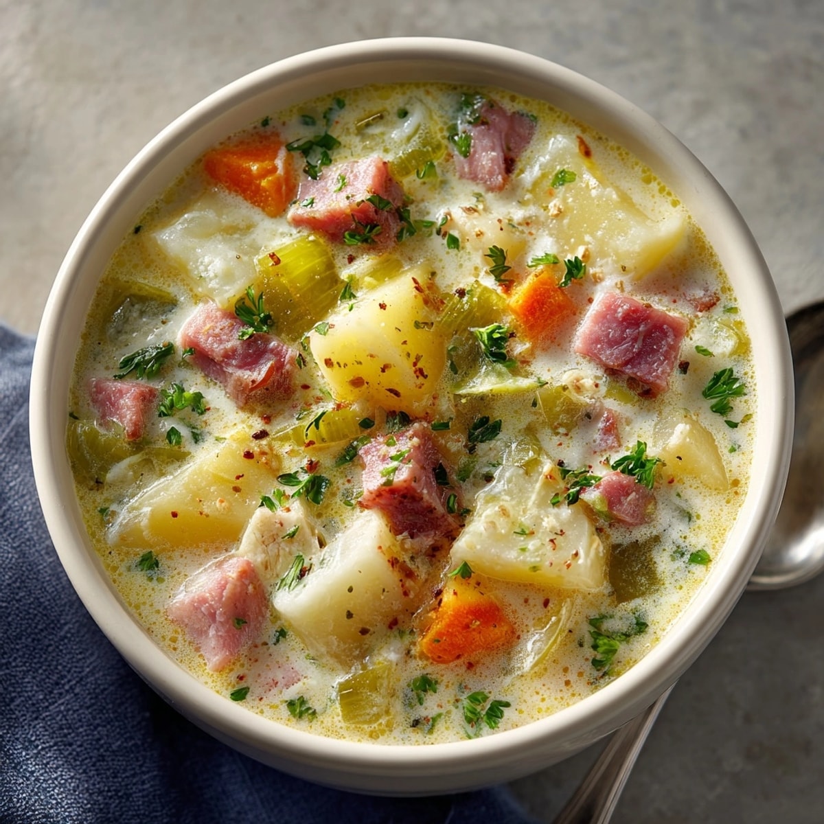 Homemade Ham & Potato Soup recipe showing a hearty, flavorful one-pot meal, family-style.