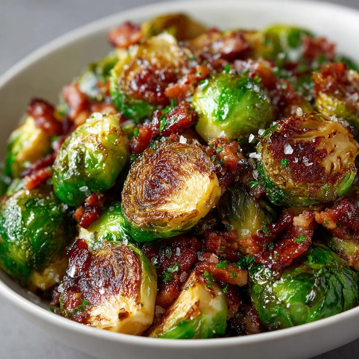Golden brown Maple Bacon Roasted Brussels Sprouts, glistening with syrup and crispy bacon.