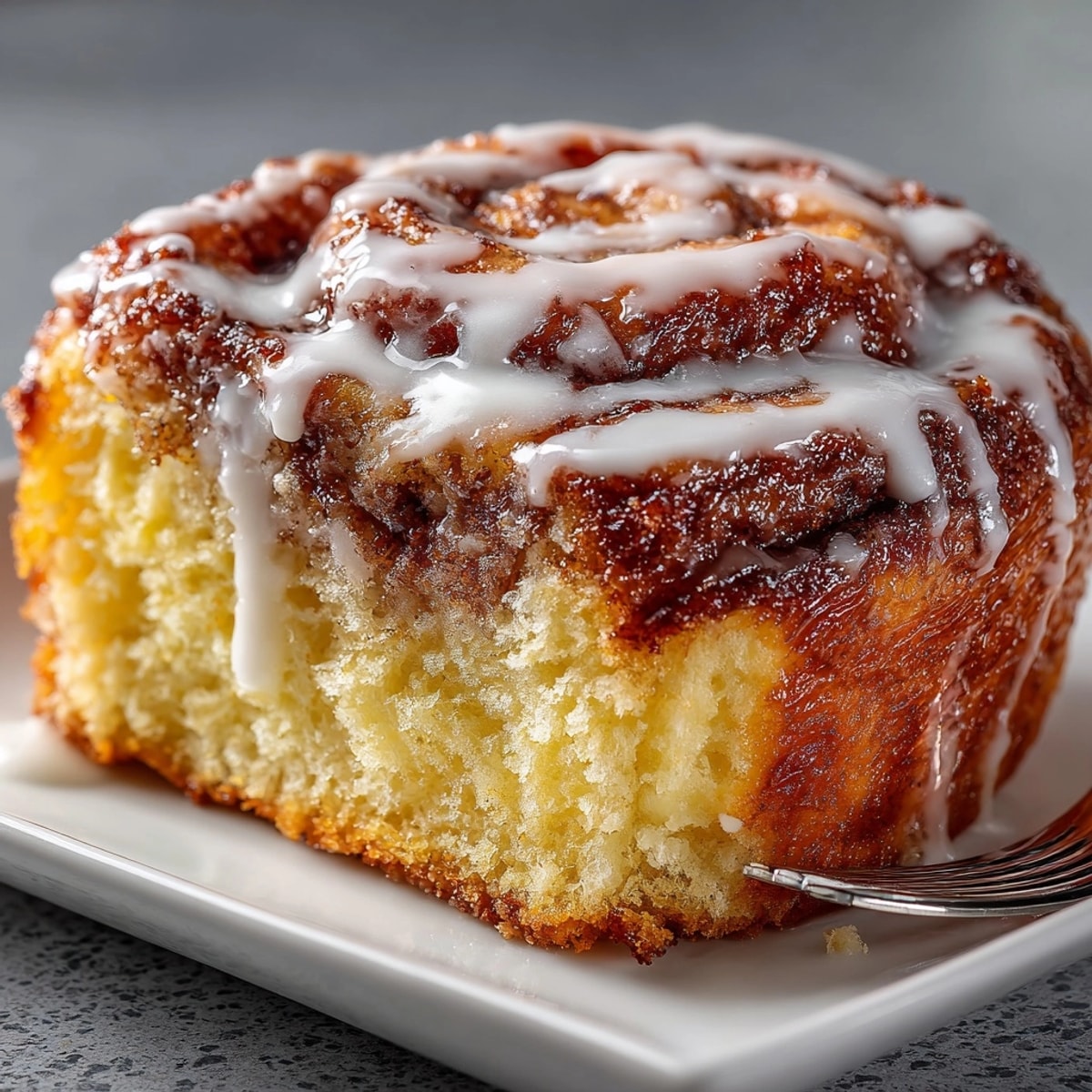 Golden Cinnamon Roll Cake, drizzled with rich cream cheese glaze, ready to serve.