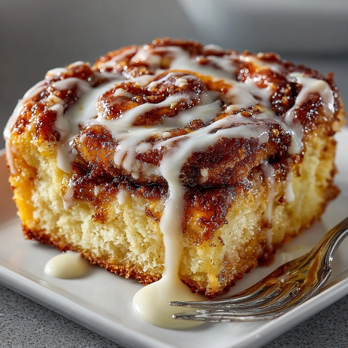 Warm Cinnamon Roll Cake with Cream Cheese Glaze, fresh-baked and comforting, perfect dessert.