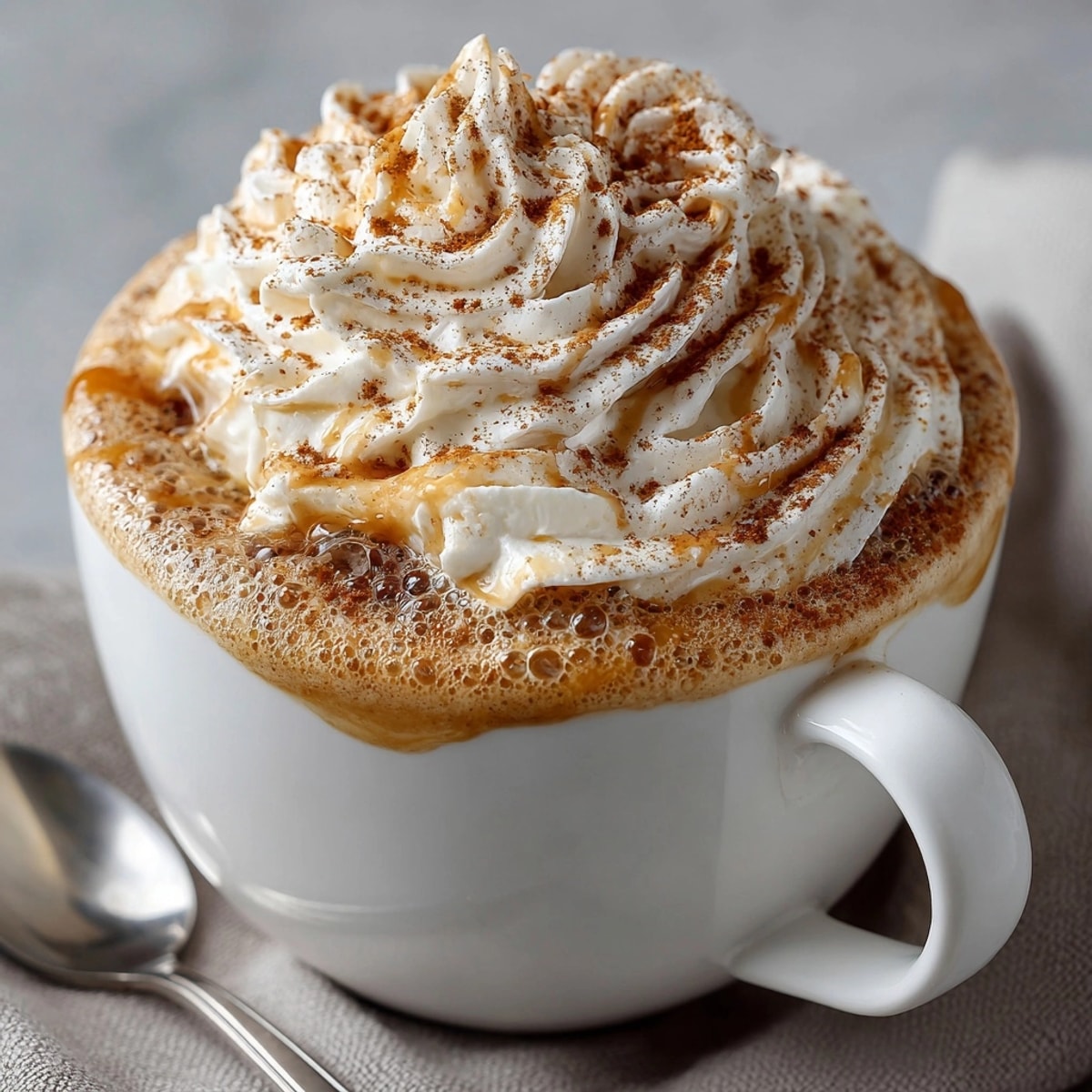 Frothy Pumpkin Spice Latte swirls with espresso, topped with whipped cream and autumn spices.