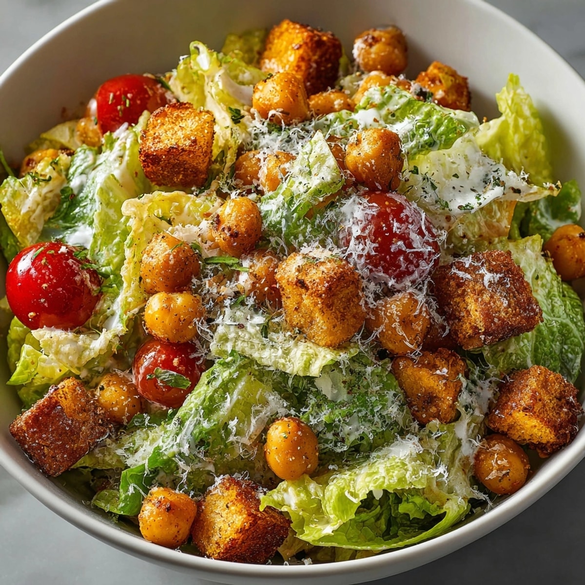 Golden-brown roasted chickpeas crown this creamy Chickpea Caesar Salad, a satisfying vegetarian main dish.
