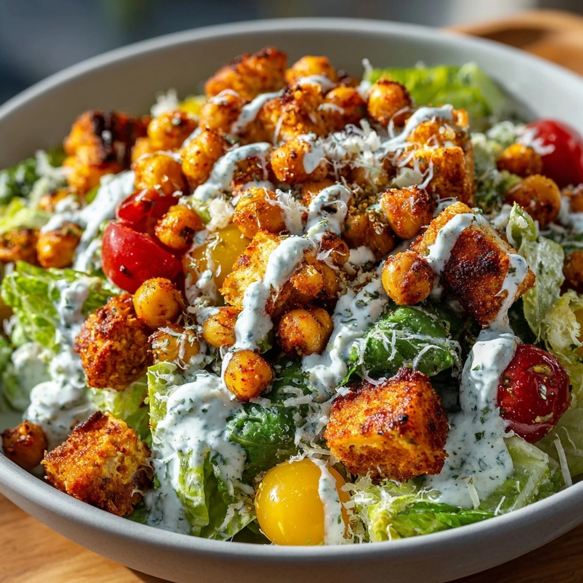 Imagine a loaded Chickpea Caesar Salad, bursting with fresh flavors and textures in every bite.