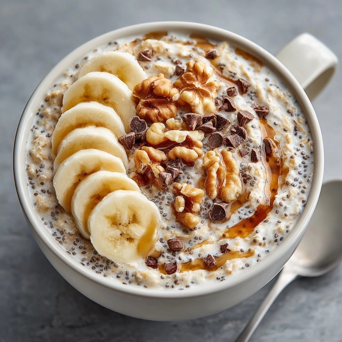 Bowl of creamy Banana Bread Overnight Oats topped with nuts and sliced banana.