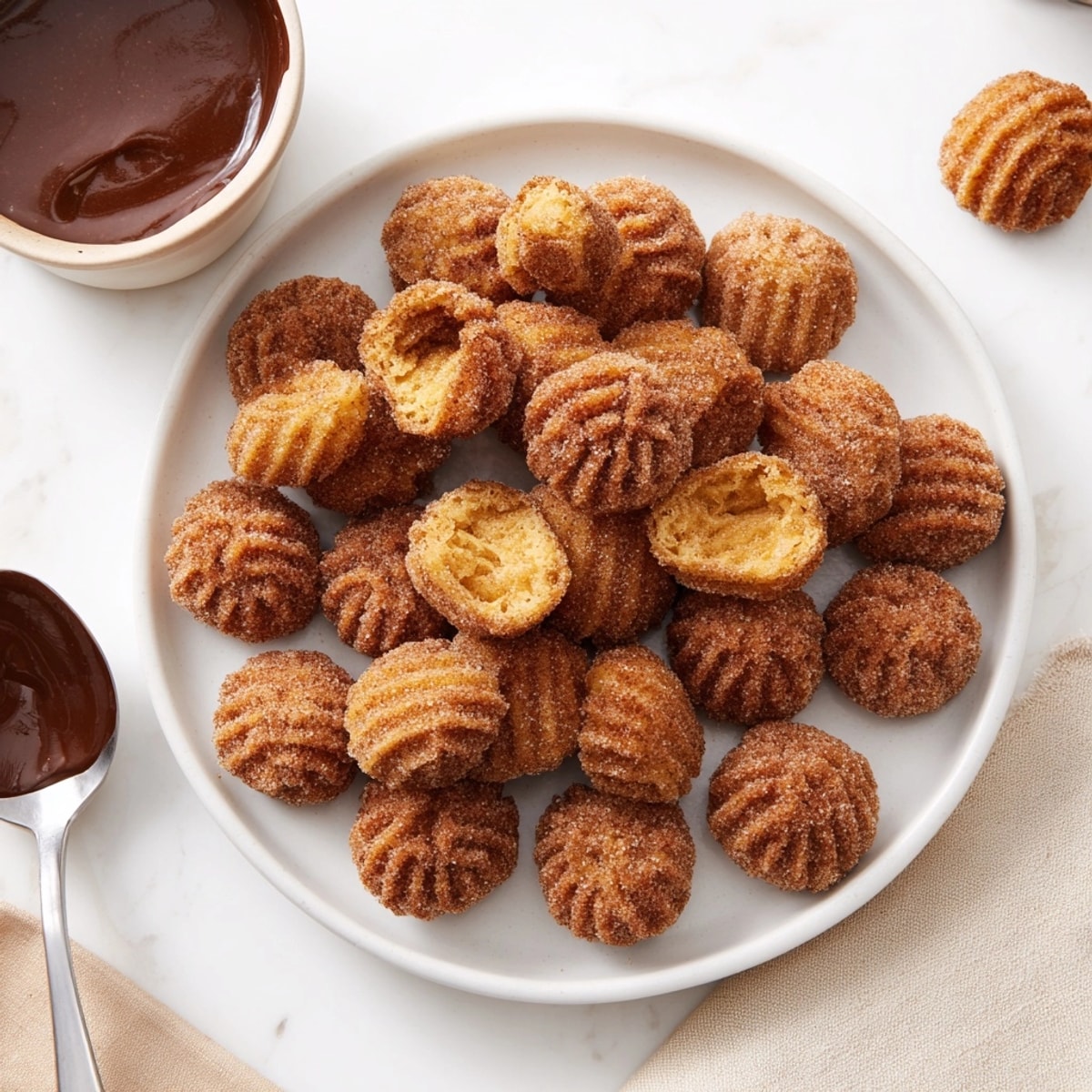 Homemade Churro Bites recipe: Crispy, star-shaped dough, deep-fried, and served with rich chocolate dipping sauce.