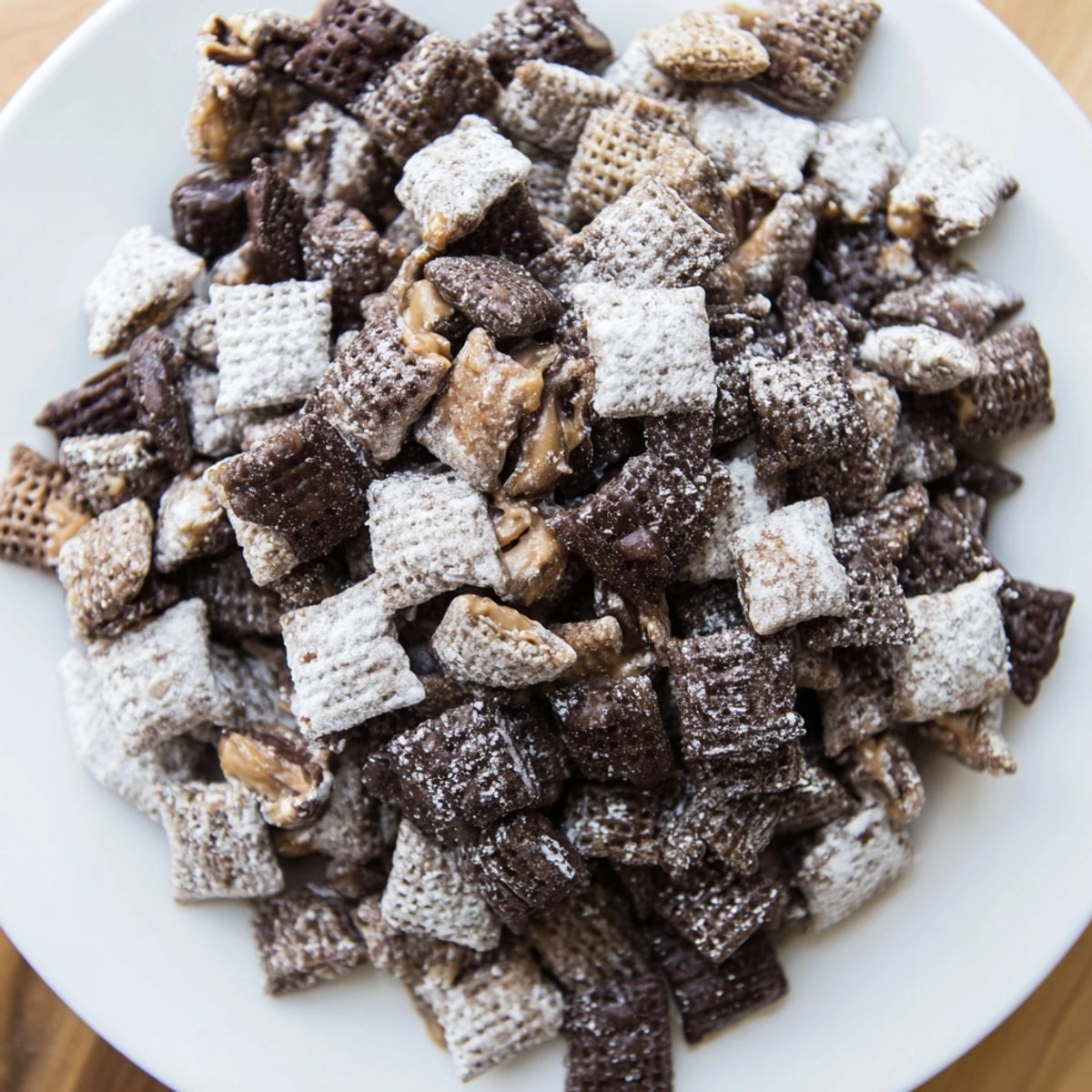 Pile of homemade Puppy Chow snack mix dusted with sweet powdered sugar.