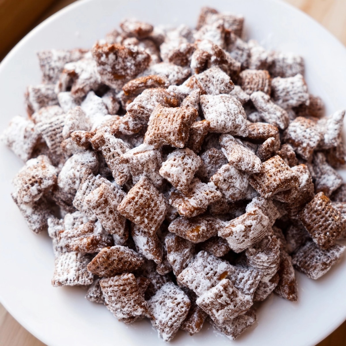 Close-up view of chocolate peanut butter Puppy Chow, ready to serve at your party.
