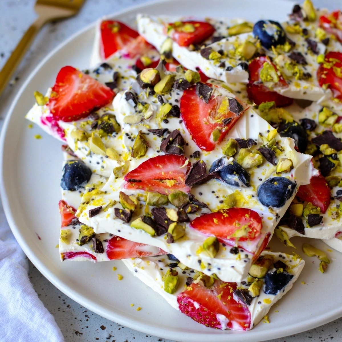 Colorful, homemade frozen yogurt bark recipe, a healthy and refreshing snack or dessert.
