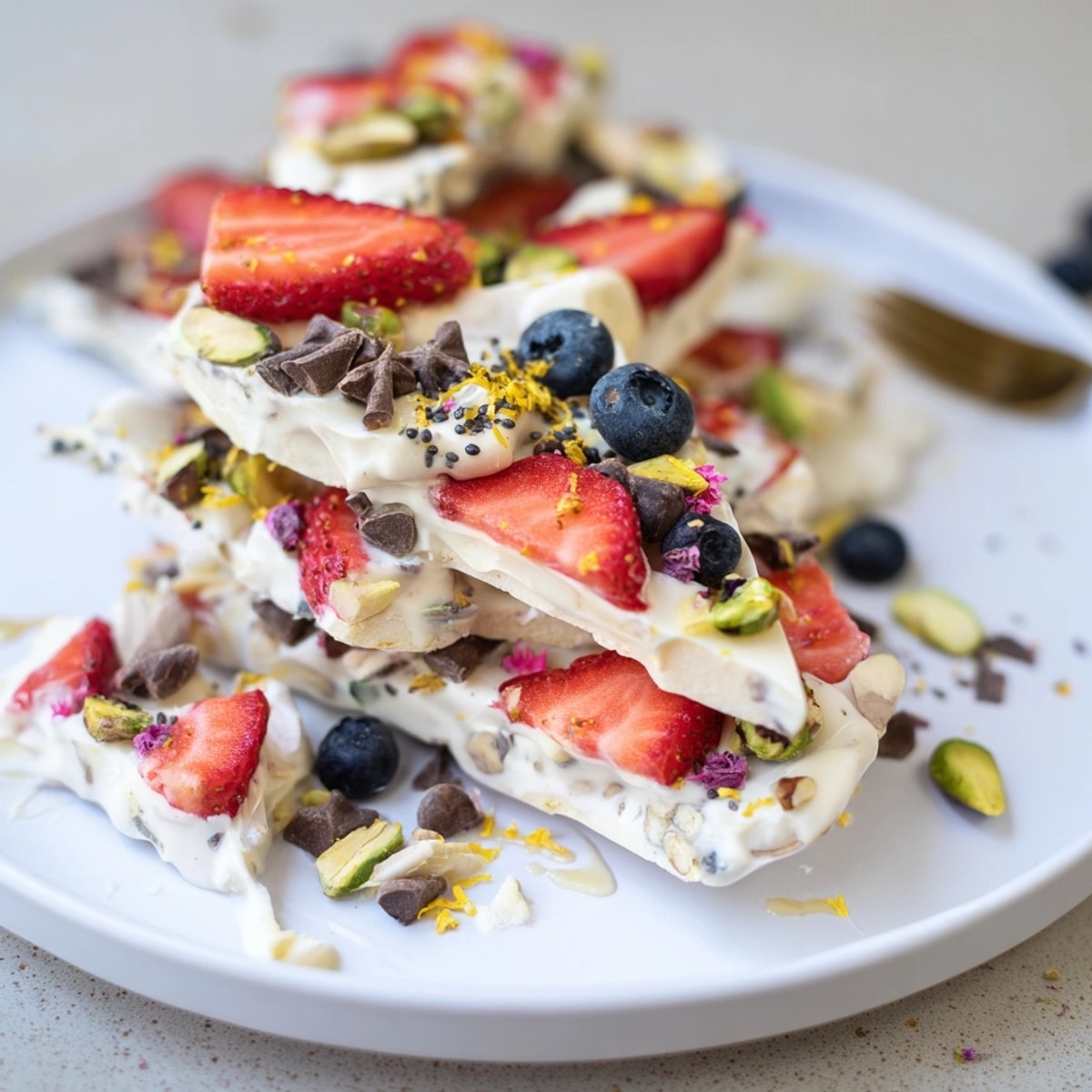 Creamy frozen yogurt bark with bright berries and nuts, ready to break and enjoy.
