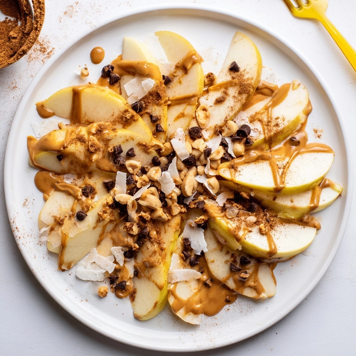 Easy, colorful Apple Nachos recipe: cinnamon-dusted apple slices with melted peanut butter.