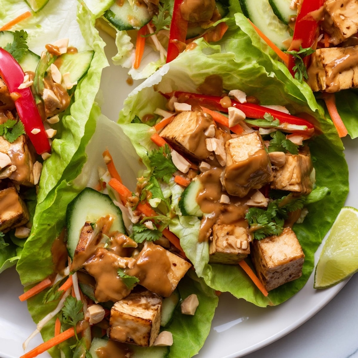Golden-brown Thai Peanut Tofu Lettuce Wraps, bursting with fresh veggies and creamy peanut sauce.