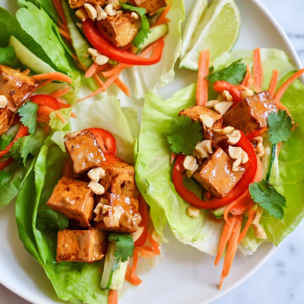 Vegan Thai Peanut Tofu Lettuce Wraps: a colorful plate, ready to be drizzled with peanut sauce.