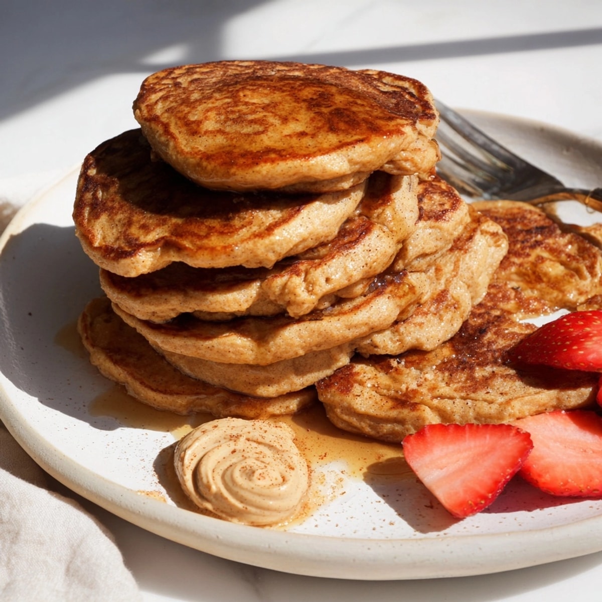Golden Cinnamon Sweet Potato Protein Pancakes, stacked high and drizzled with syrup perfection.