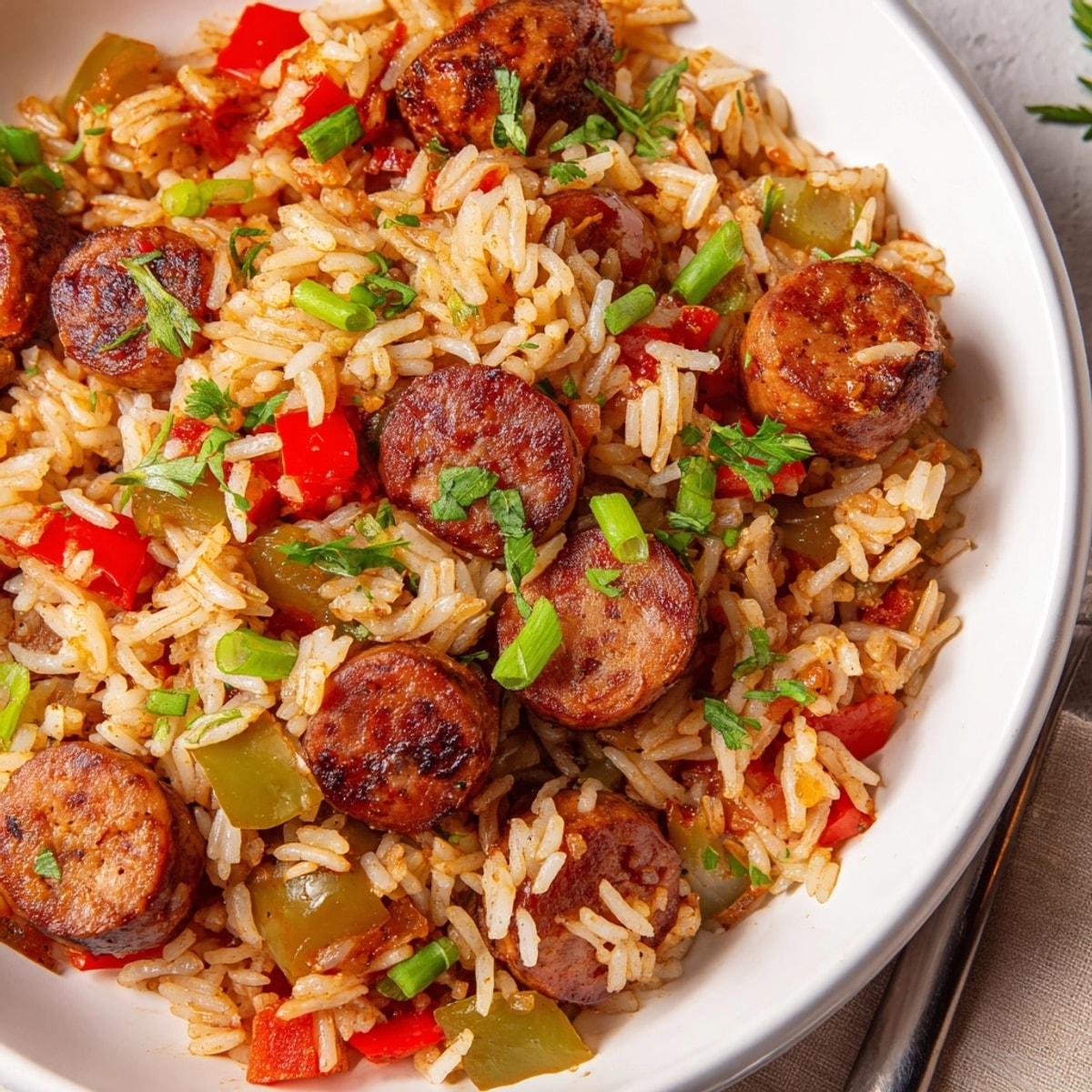 Spicy, colorful Cajun Sausage and Rice Skillet cooking in a skillet, aromatic and delicious.