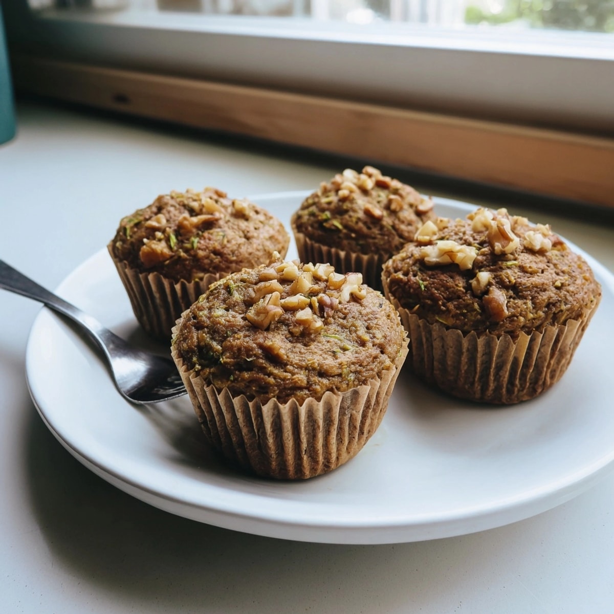 Close-up of a sliced Protein Cinnamon Zucchini Muffin showing moist texture and delicious filling.