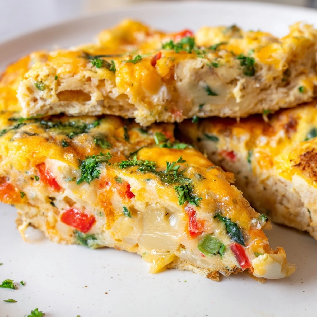 Golden cheesy Breakfast Biscuit Frittata, baked until puffy and bubbly, ready for serving.