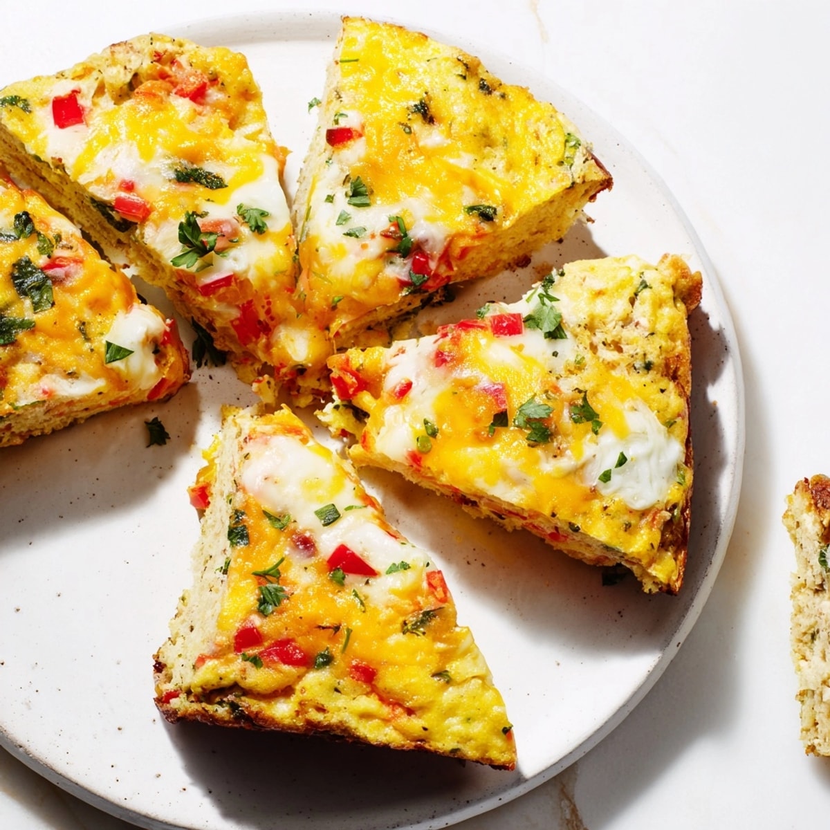 Easy-to-make Breakfast Biscuit Frittata, a comforting egg bake, browned and sliced.