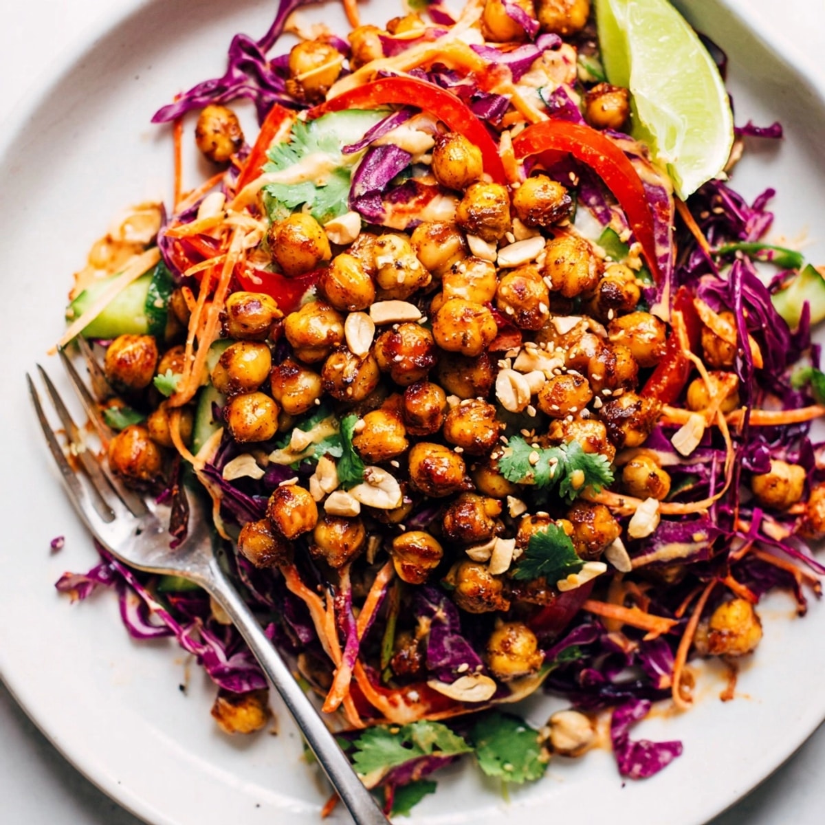 Close-up showcasing the vibrant Thai Peanut Toasted Chickpea Salad with a luminous peanut dressing.