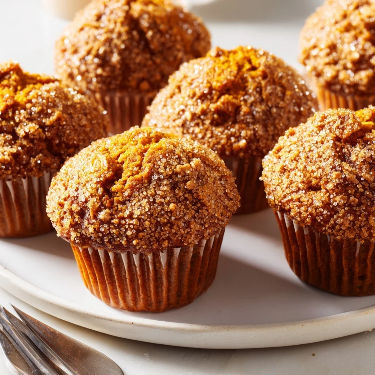 Moist gingerbread spiced pumpkin muffins garnished with turbinado sugar, perfect for breakfast.  