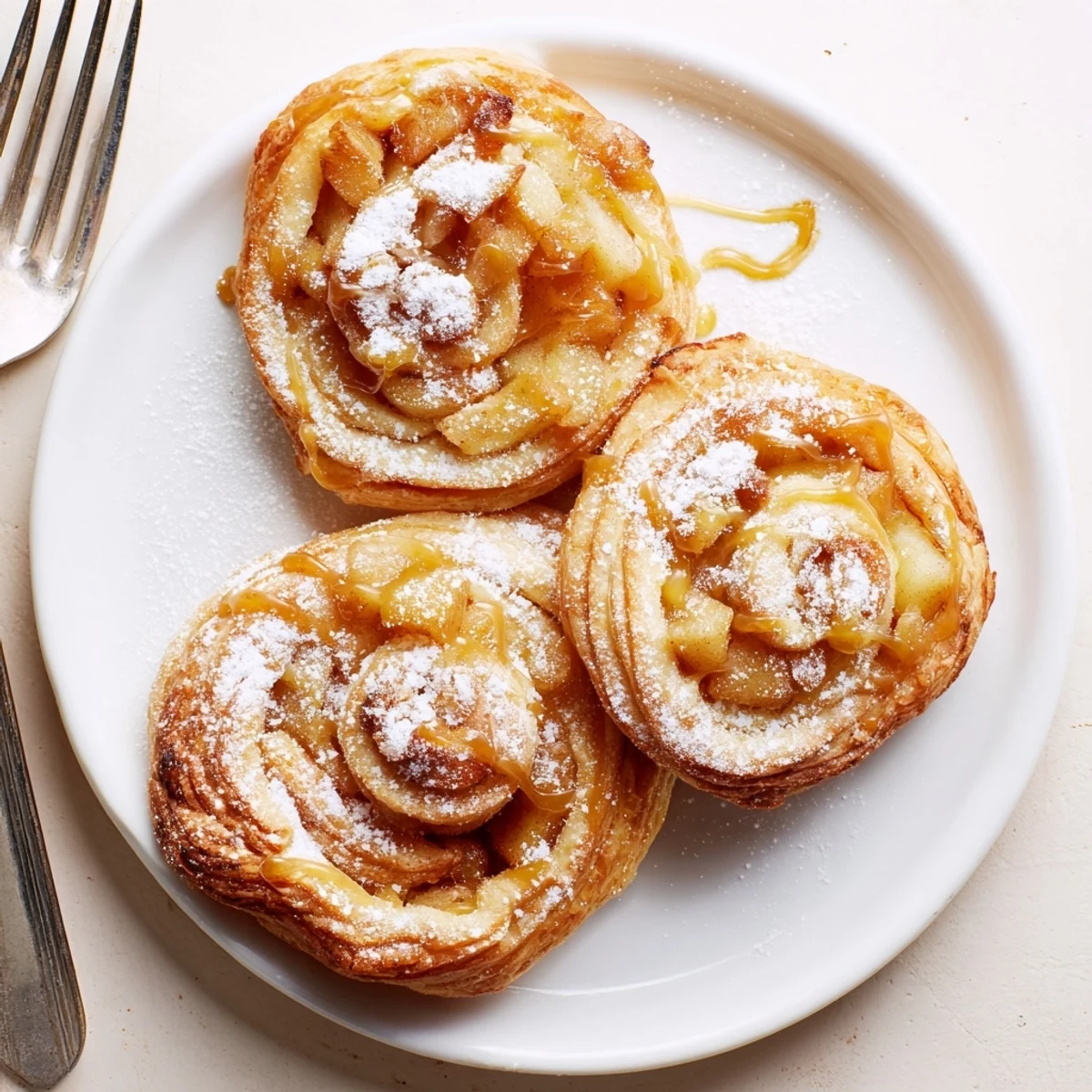 Flaky caramel apple puff pastry pinwheels drizzled with sweet sauce, perfect for dessert.  