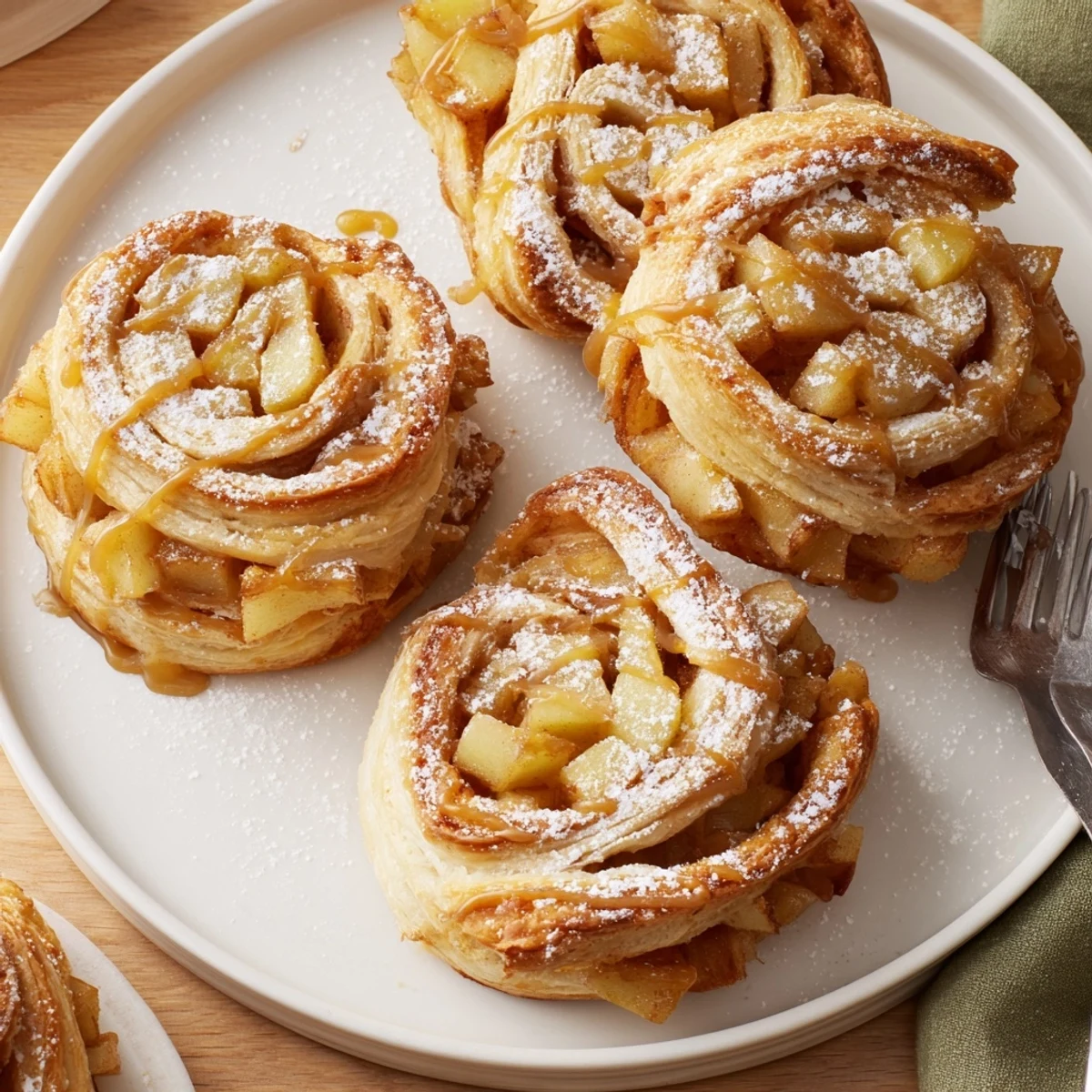 Golden brown caramel apple puff pastry pinwheels filled with spiced fruit and caramel.  