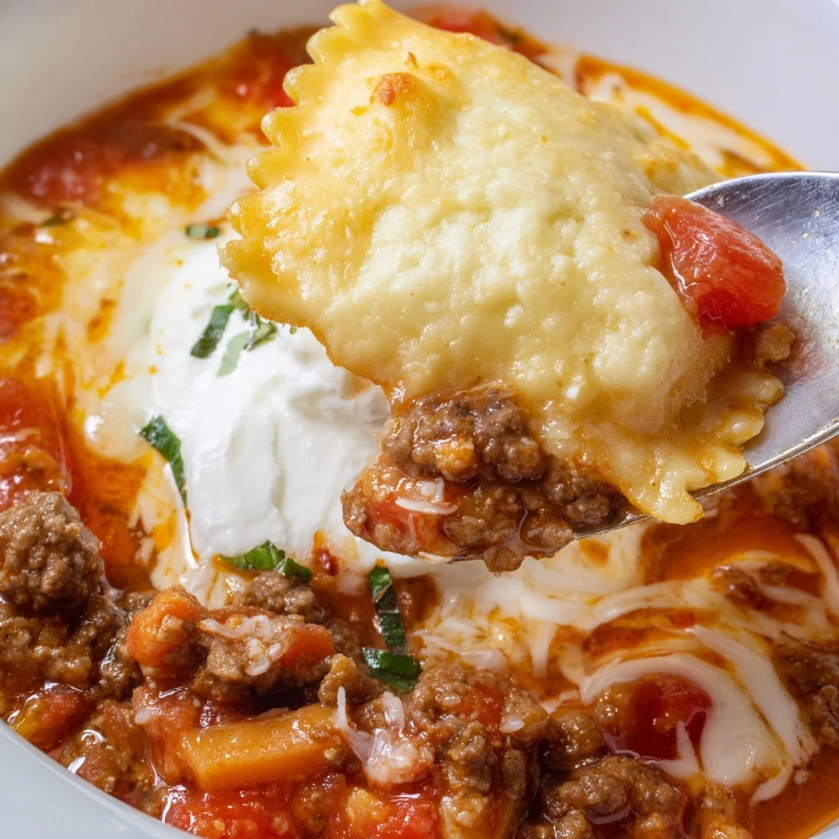 A warm bowl of lasagne soup with savory sausage and melty biscuit goodness.  