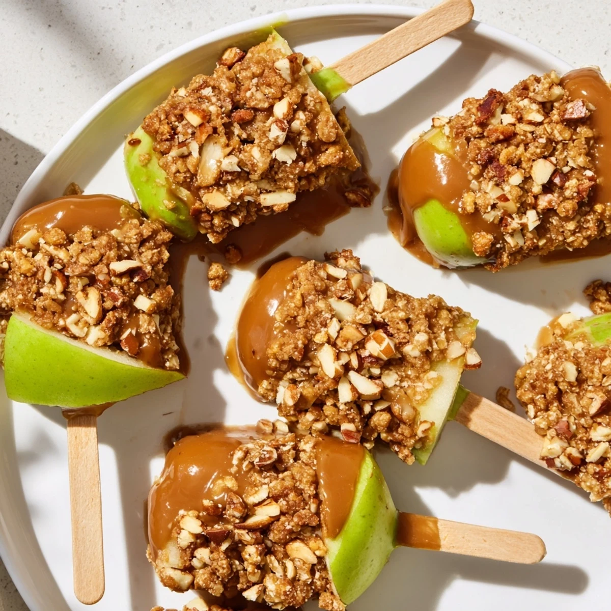 Delightful Caramel Apple Granola Pops with crunchy granola and creamy caramel coating.  