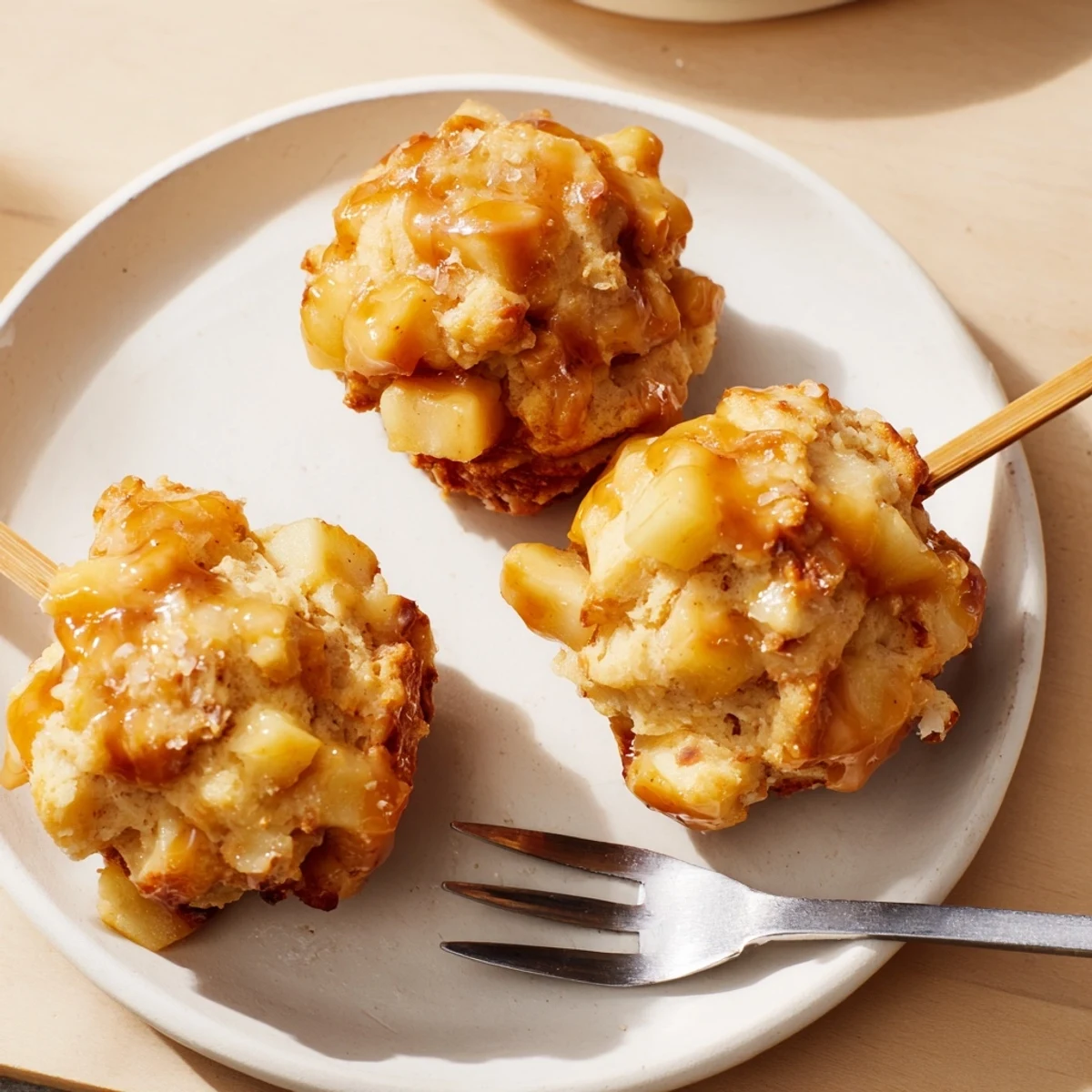 Golden Maple Bourbon Apple Cheddar Biscuit Muffin Pops drizzled with sweet syrup glaze.