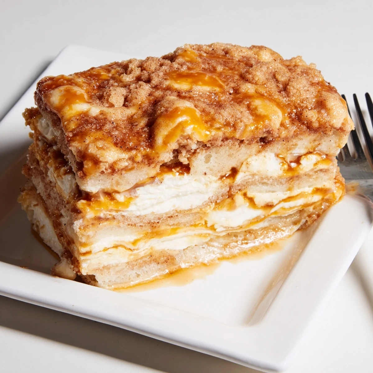 Fluffy Buffalo Ranch Churro Cake Pancake Bars topped with cinnamon-sugar glaze.