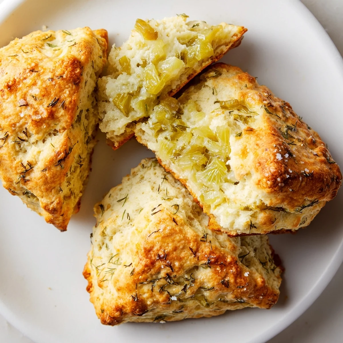 Sweet Tea Dill Pickle Biscuit Scones drizzled with pickle brine, perfect for brunch gatherings.  