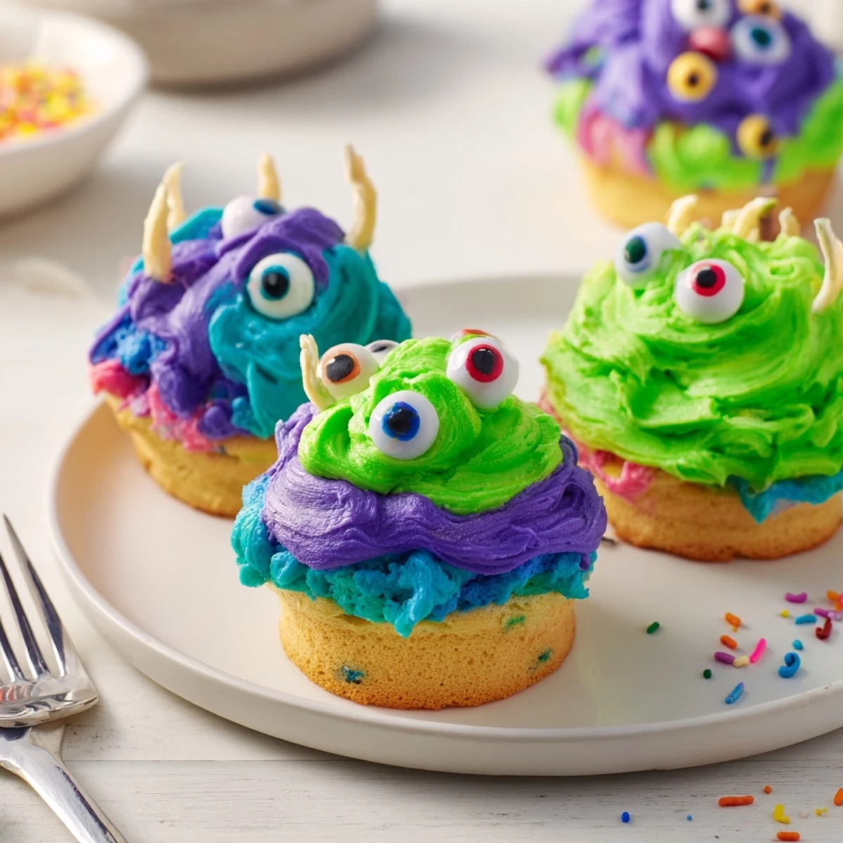 Fluffy Cream Soda Monster Cake Pancake Muffins decorated with colorful frosting and candy eyeballs.