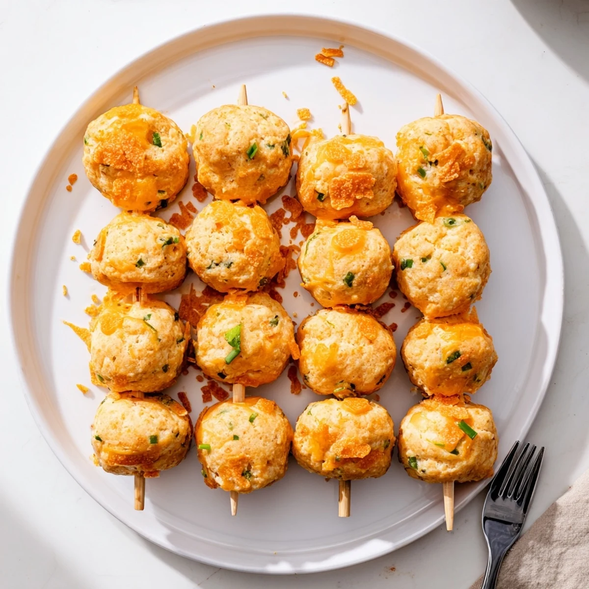 Tender Flamin Hot Spicy Cheddar Biscuit Skewers drizzled with melted butter and garnished.  