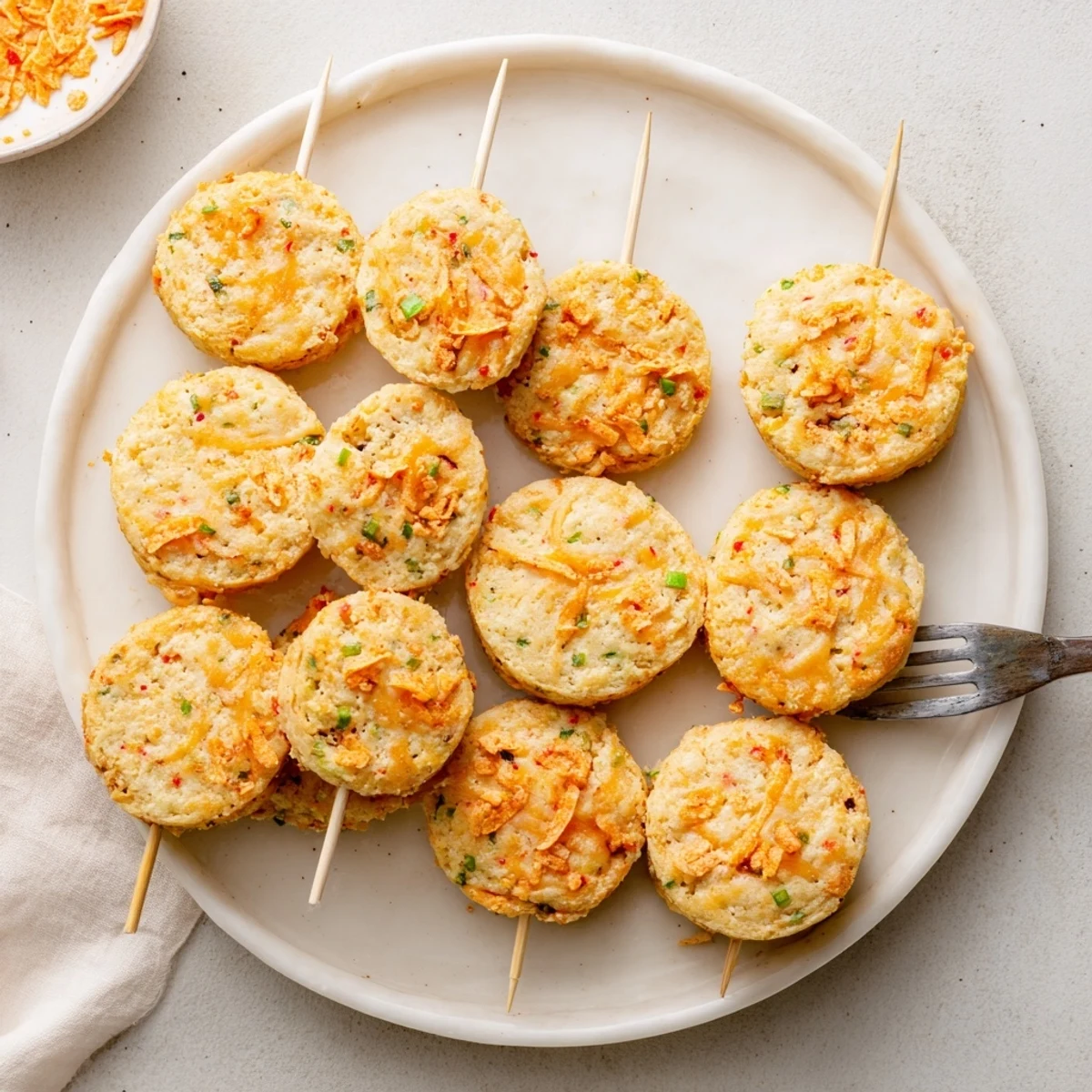 Golden-brown Flamin Hot Spicy Cheddar Biscuit Skewers, perfect for a spicy appetizer platter.  