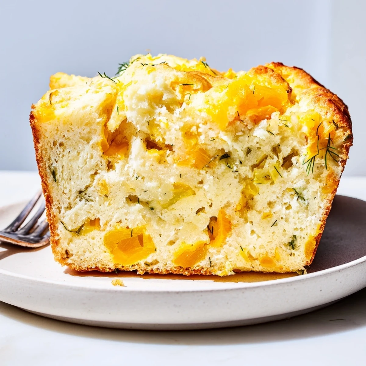 Golden crust of Dill Pickle Sweet Tea Cheddar Biscuit Muffin Loaf with melting cheddar goodness.